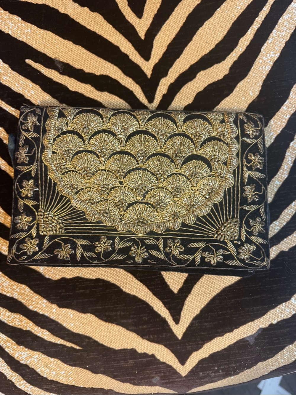 Vintage Holly Harp Made in Hong Kong Black Velvet Clutch Purse with Gold Beading